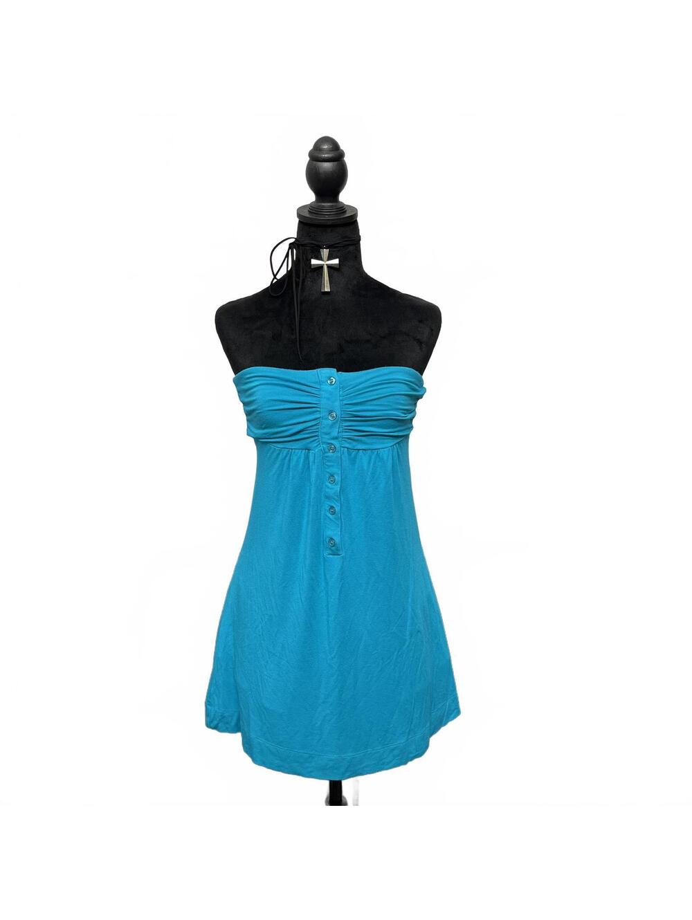 Y2K Garage Sz M Bright Blue Sleeveless Babydoll Mini Dress Buttons Details 2000s